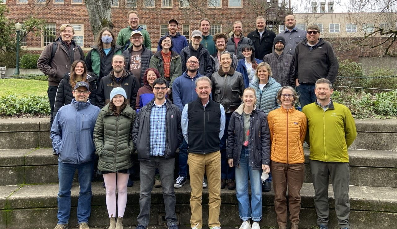 Employees of the Oregon Hazards Lab pose outside for a photo.
