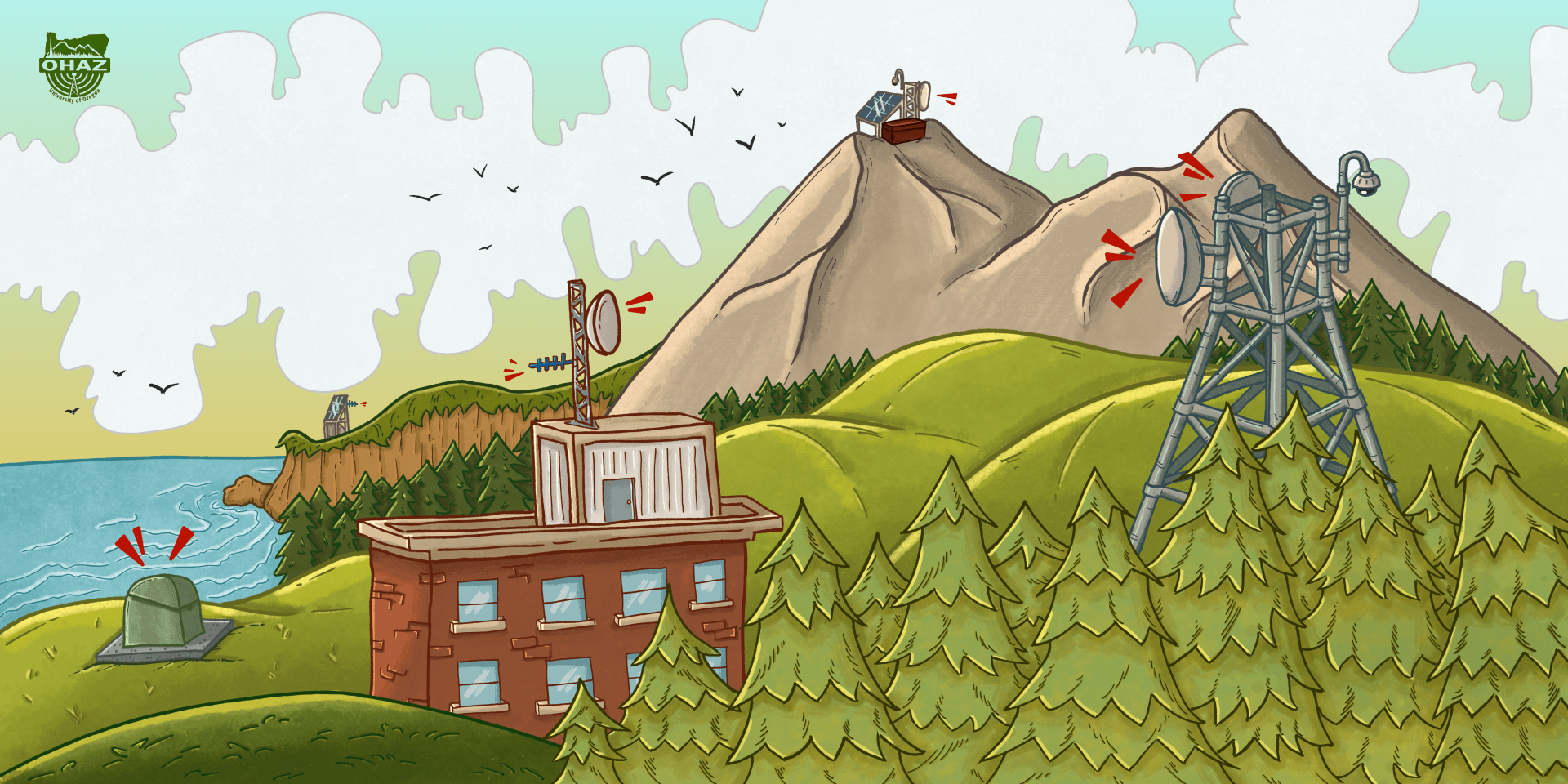 illustrated mural depicts natural disaster monitoring equipment on a mountainous coast